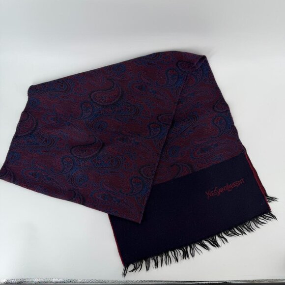 Vintage Yves Saint Laurent Scarf Paisley Burgundy Blue Fringe Wool YSL - Picture 1 of 6